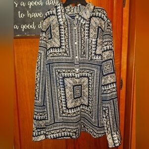 A Tommy Hilfiger Navy and Beige Boho Patterned Blouse in a size medium. EUC